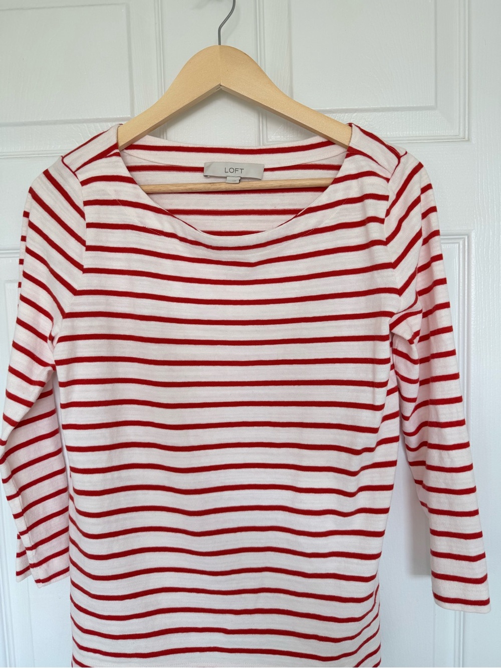 LOFT Red and White Striped Boatneck Long Sleeve Top